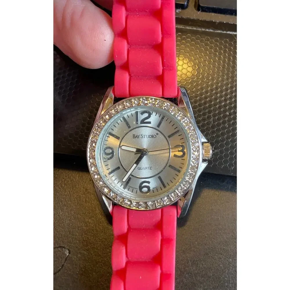 Women's Bay Studio Watch, Silver Tone with Rhinestone Bezel, Pink Poly Band